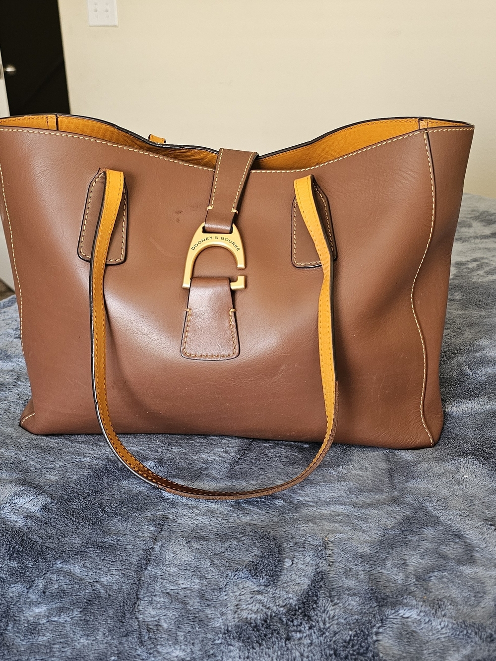 Dooney & Bourke Brown Leather Tote with Yellow Trim